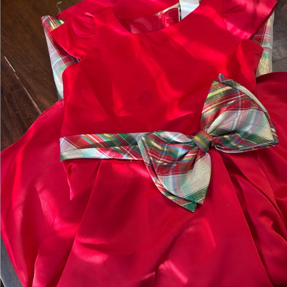 Rare Editions Red Satin Dress with Plaid Accent